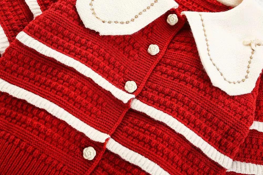 Girls Cherry Red Knit Co-ord Set with Peter Pan Collar