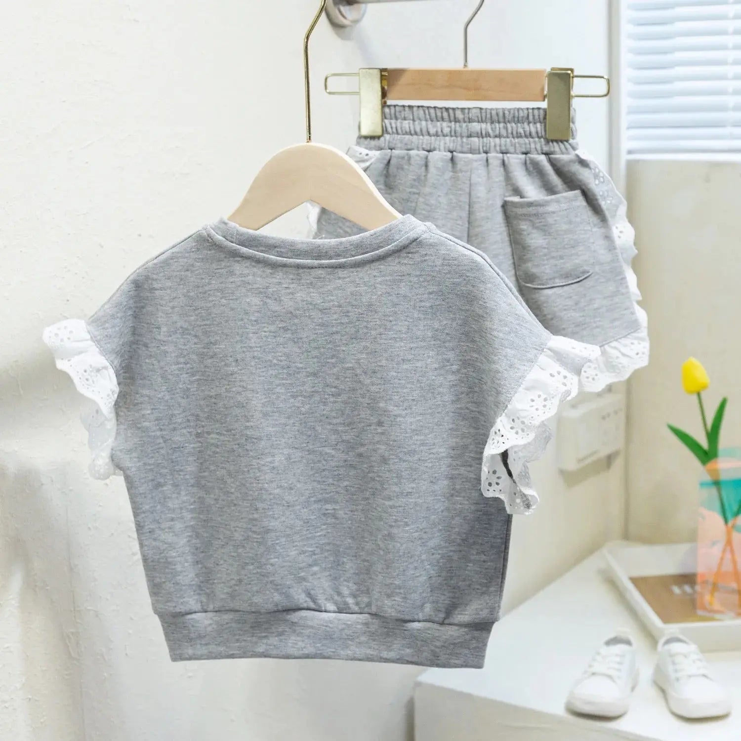 Girls Grey Top With Lace Detail And Shorts