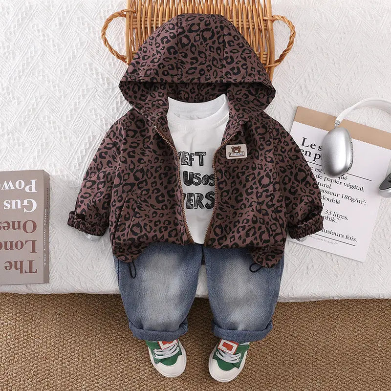 Boys Leopard-Print Hoodie With T-shirt And Denim Set