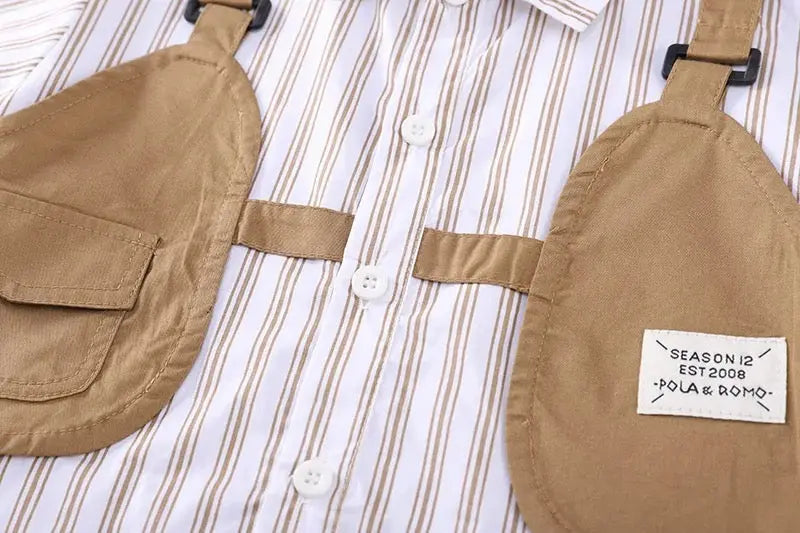 Boys Striped Suspender Shirt With Khaki Shorts