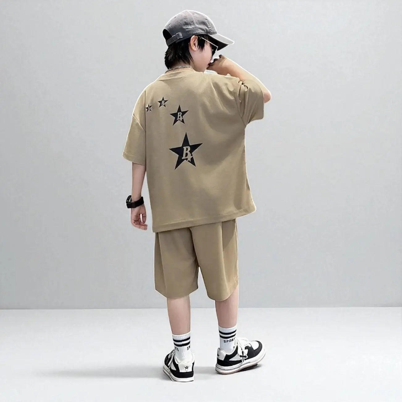 Boys Brown Printed T-Shirt And Shorts 2 pcs Set