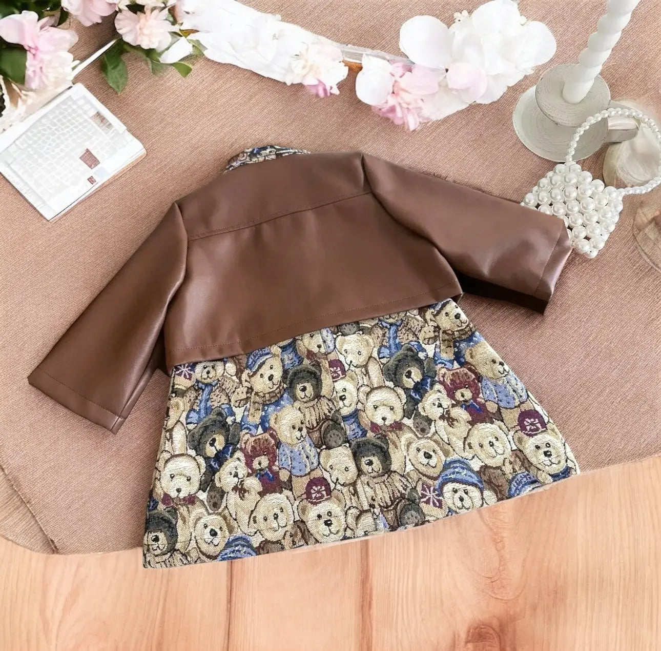 Girls Brown Short Jacket With Dress 2 Pcs Set