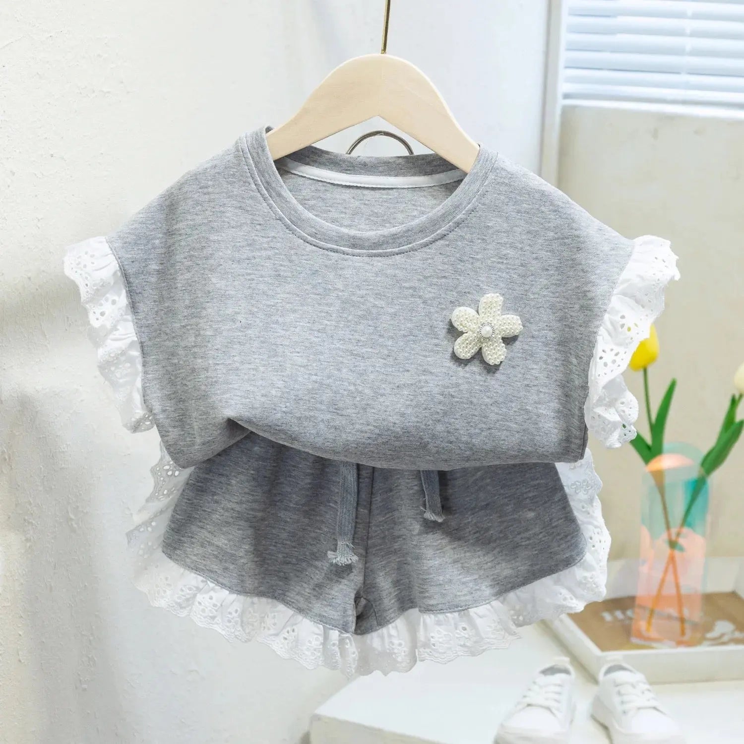Girls Grey Top With Lace Detail And Shorts