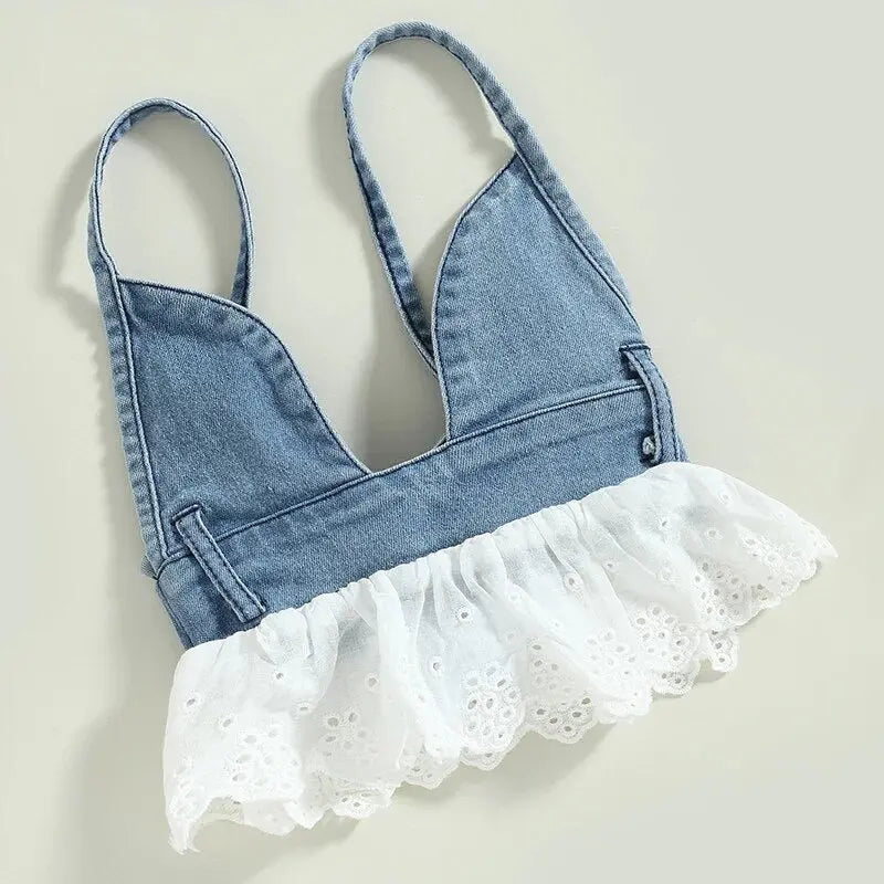 Girls Halter Frill Denim 2 Pc Set