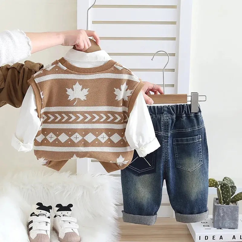 Boys Stylish Sweater & Denim Pants with Shirt & Bunny Tie