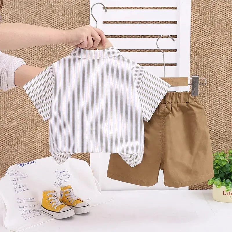 Boys Striped Suspender Shirt With Khaki Shorts