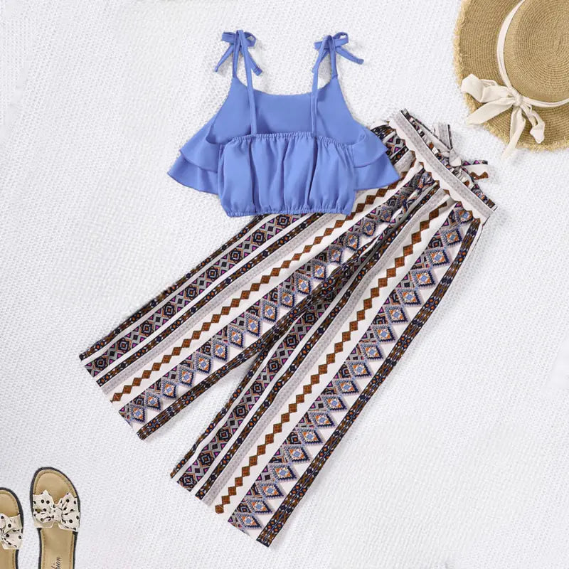 Girls Blue Strap Layered Top And Printed Pants