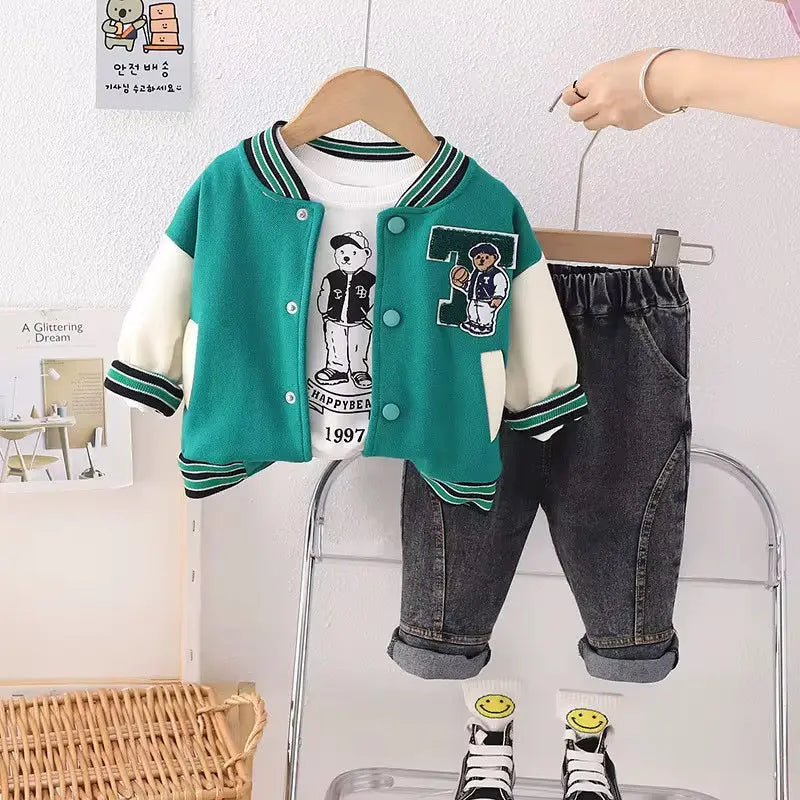 Boys Green Varsity Jacket, T-shirt And Jeans Set