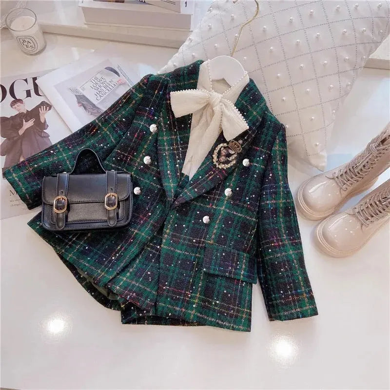 Girls Green Tweed Party Wear Set