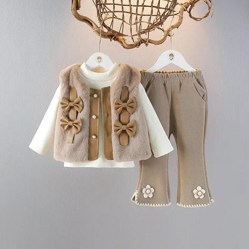 Girls Faux Fur Bow Jacket White Knit Top And Embellished Pants