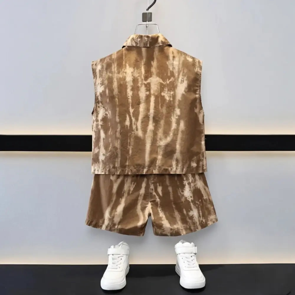 Boys Brown Sleeveless Shirt & Shorts Set with Zipper Pocket