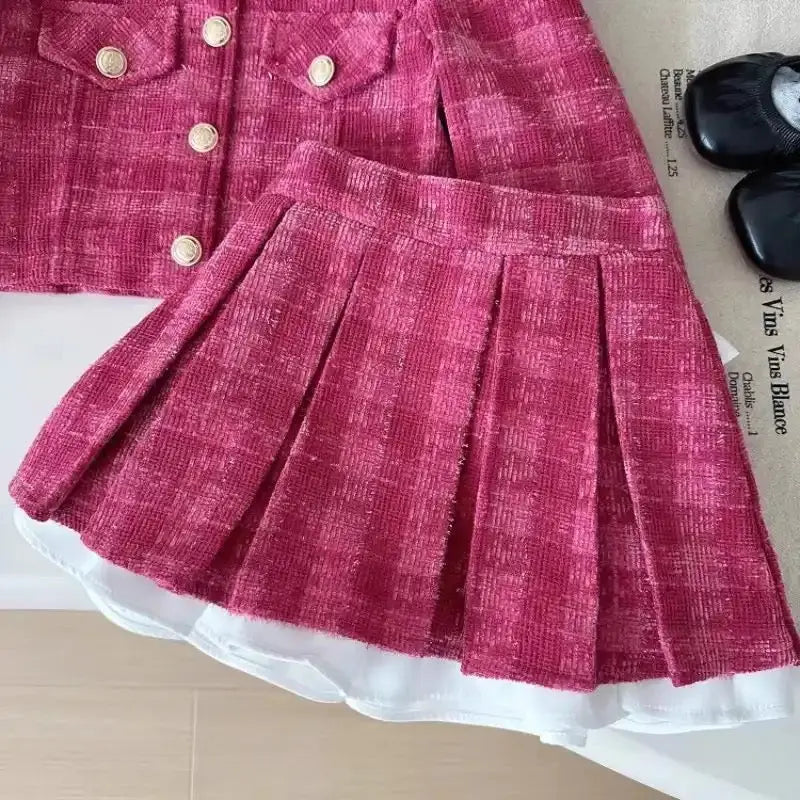 Girls Pink Plaid Tweed Jacket and Skirt Set