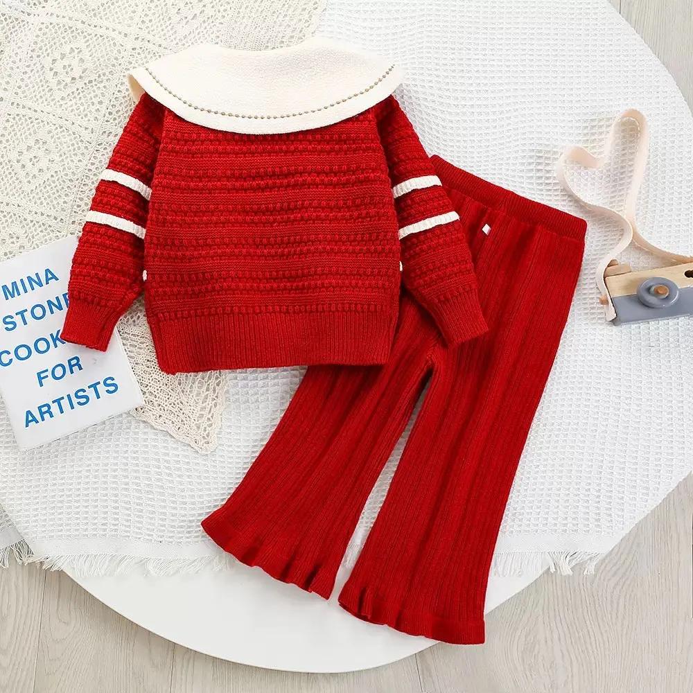 Girls Cherry Red Knit Co-ord Set with Peter Pan Collar