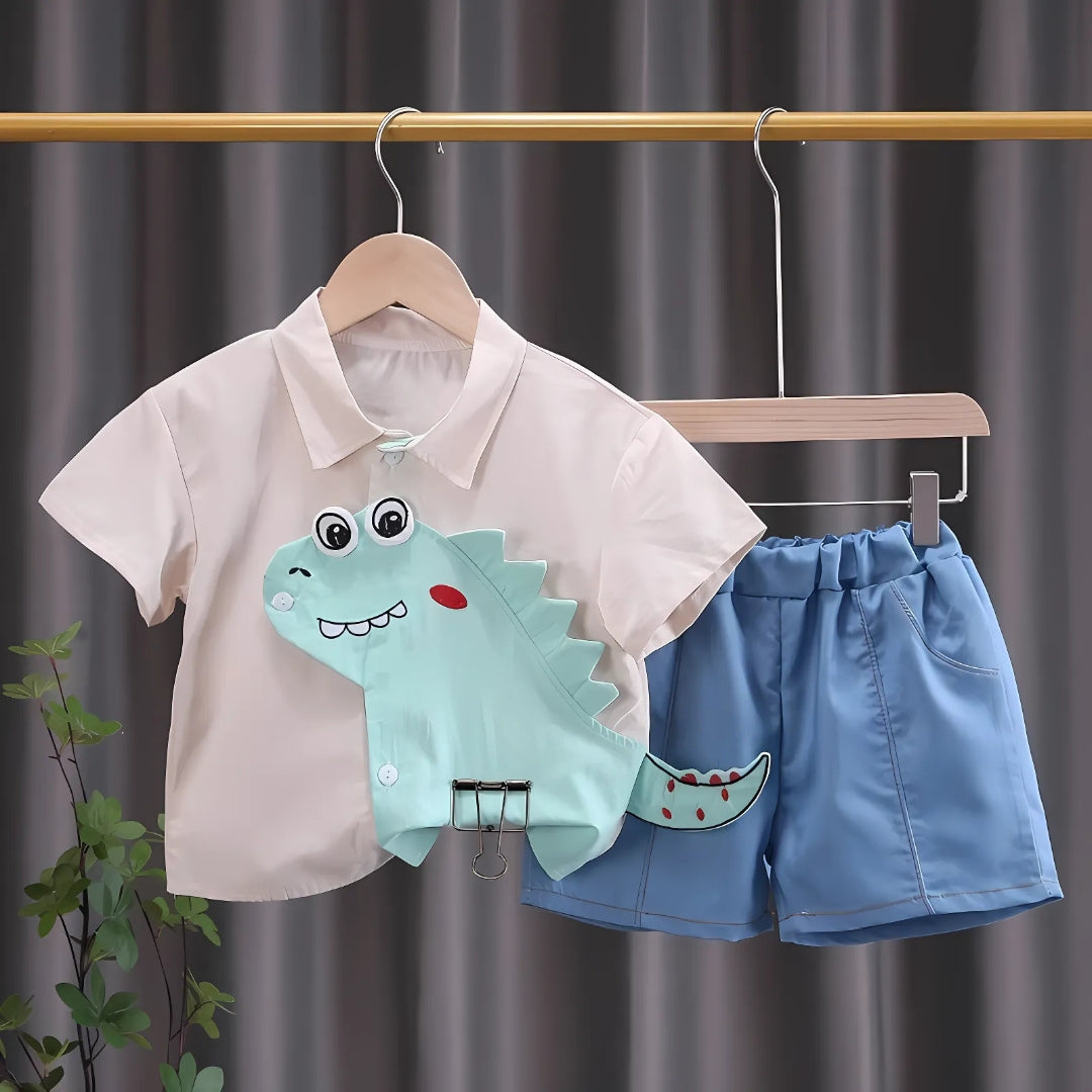 3D Dino Boys Collared T-shirt and Bottom Set