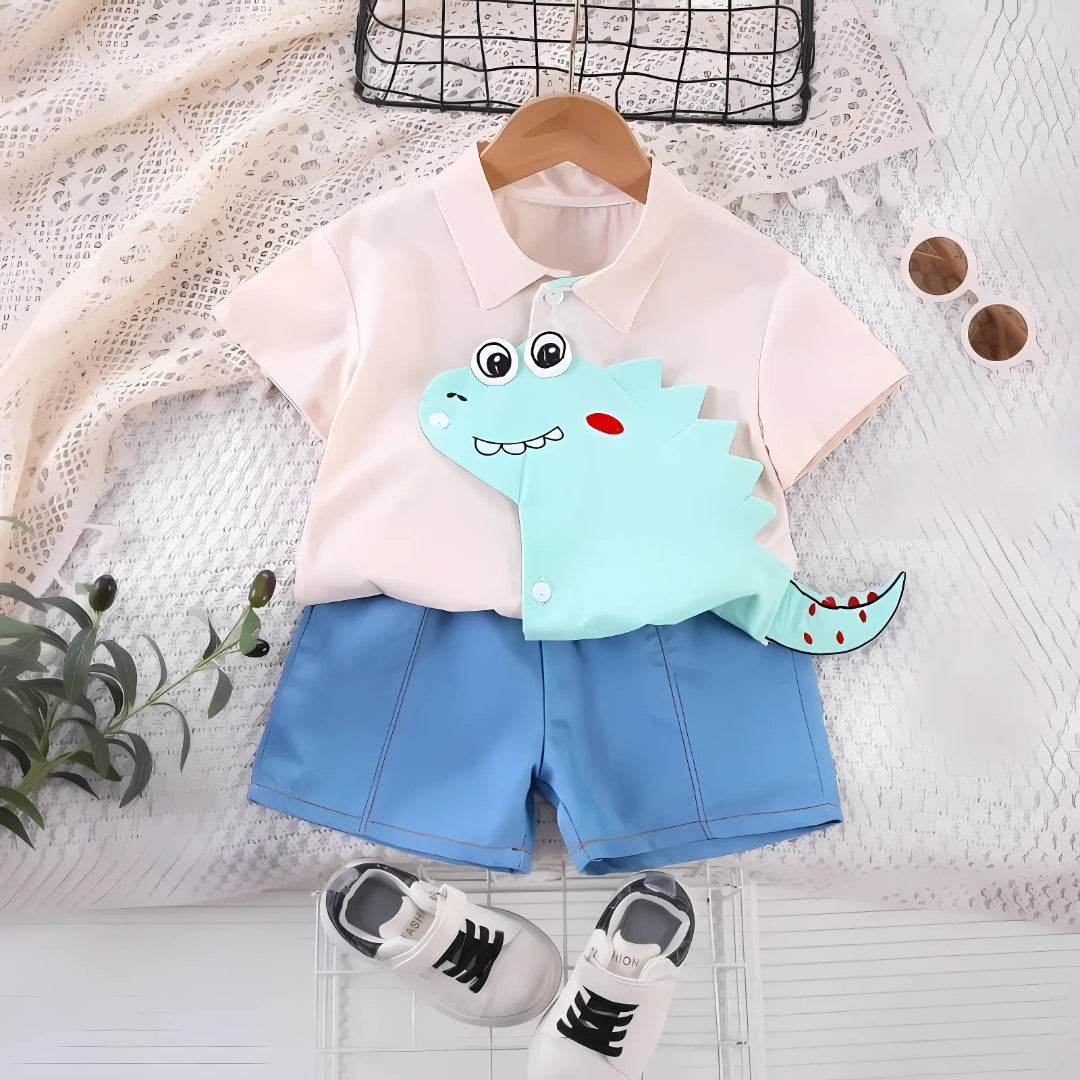 3D Dino Boys Collared T-shirt and Bottom Set