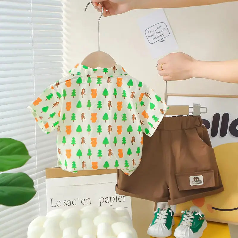Boys Printed Shirt With Brown Shorts