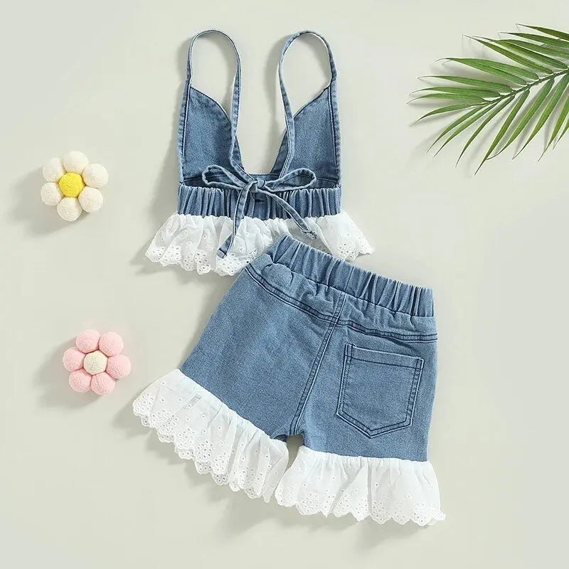 Girls Halter Frill Denim 2 Pc Set