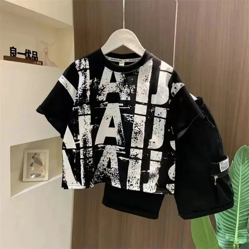 Boys Printed T-shirt And Black Shorts 2 Pcs Set
