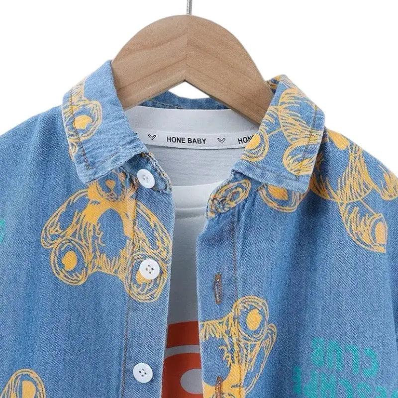 Boys Teddy Printed Blue Denim Co-ord Set