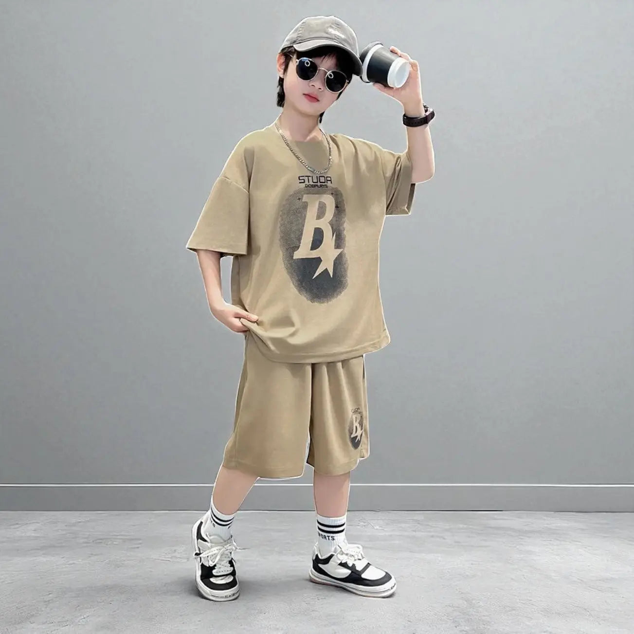 Boys Brown Printed T-Shirt And Shorts 2 pcs Set