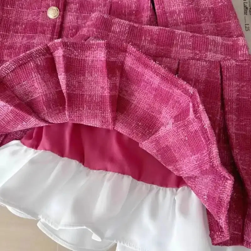 Girls Pink Plaid Tweed Jacket and Skirt Set