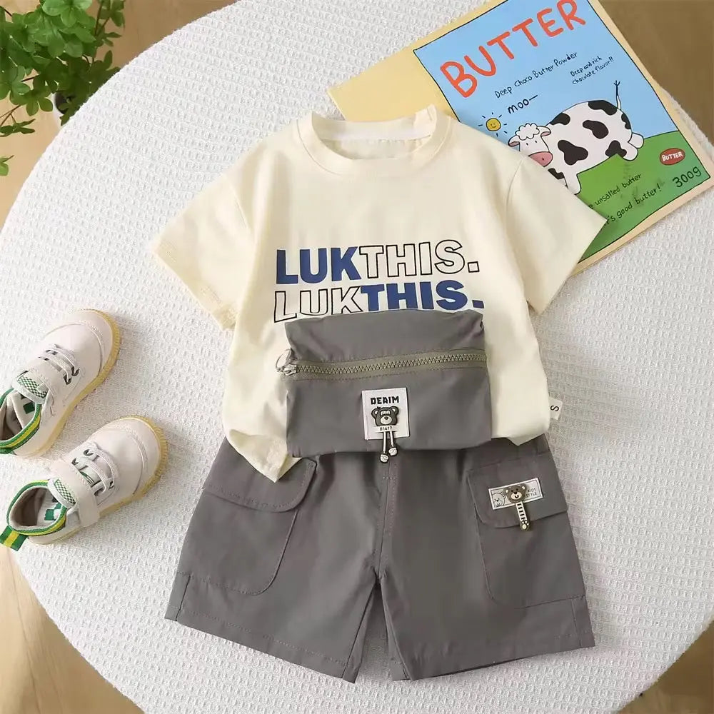 Boys Graphic Tee & Cargo Shorts Set with Waist Pouch