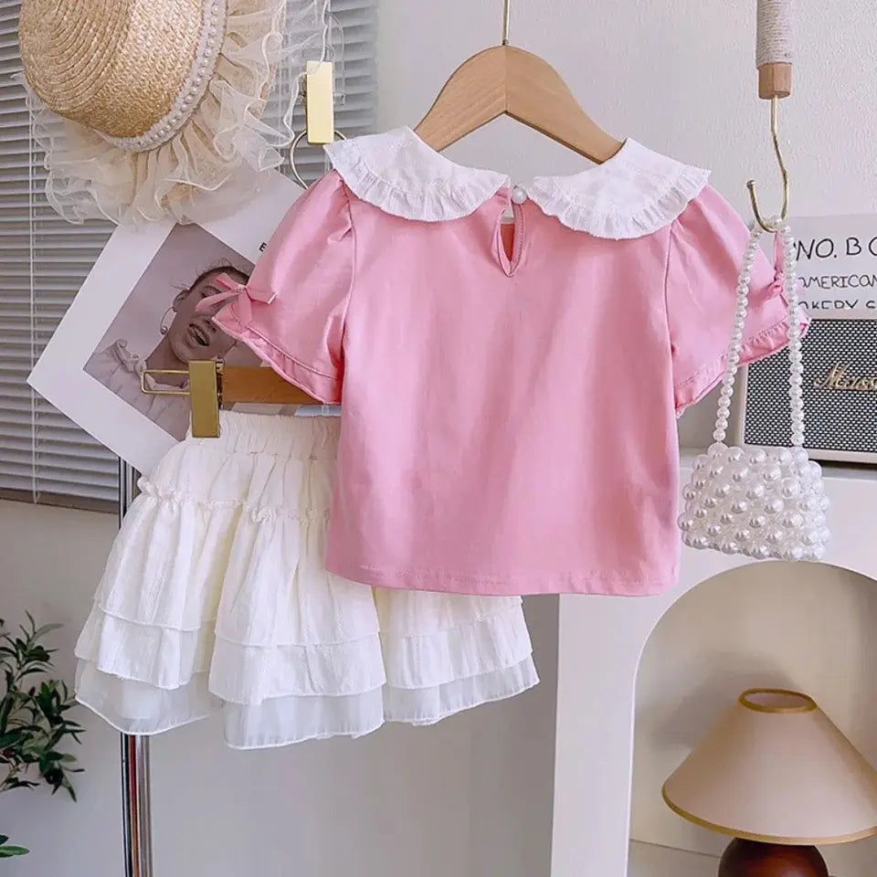 Girls Pink Top And White Skirt Set