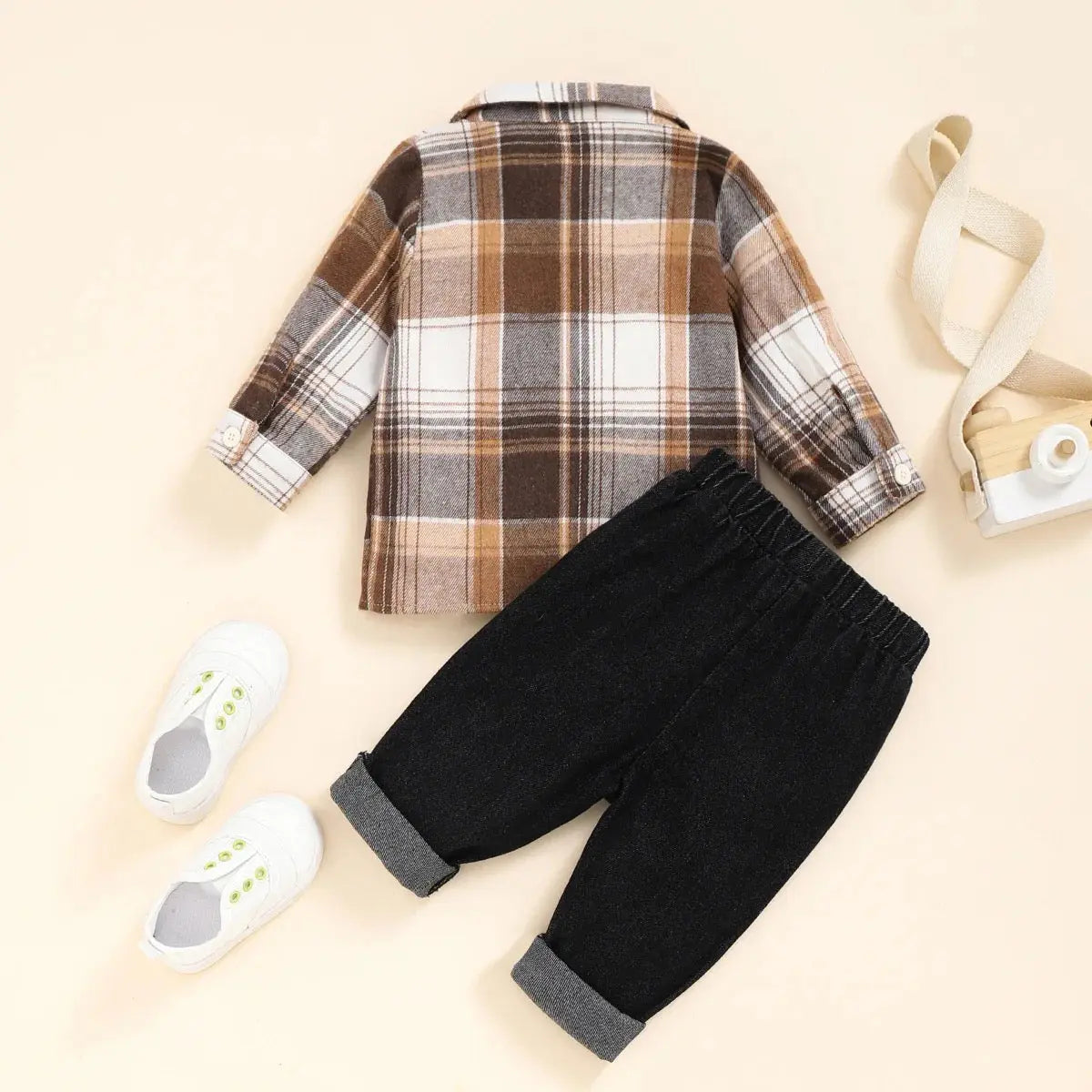 Boys Brown Checkered Shirt And Jeans Set