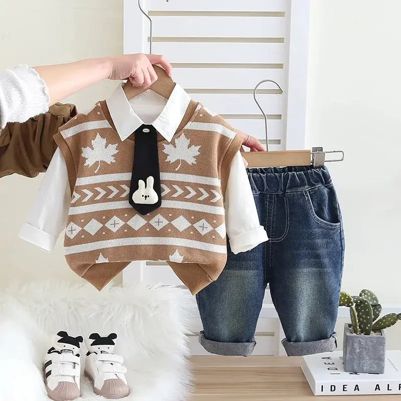 Boys Stylish Sweater & Denim Pants with Shirt & Bunny Tie