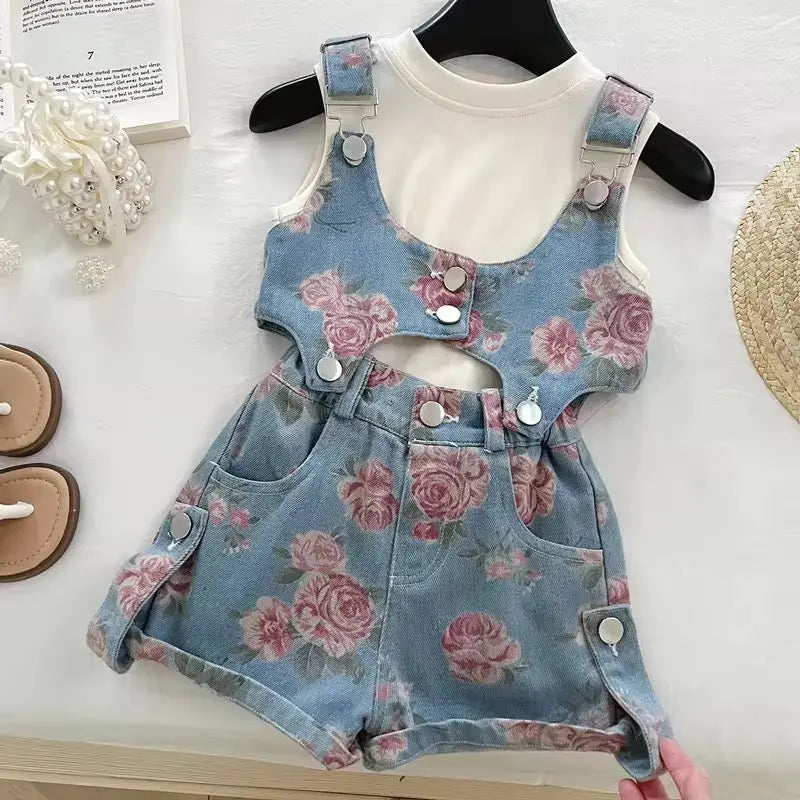 Girls Floral Print Denim Dungaree Set