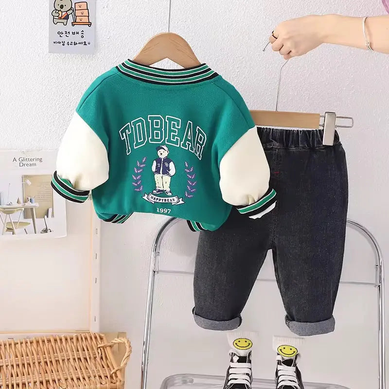 Boys Green Varsity Jacket, T-shirt And Jeans Set