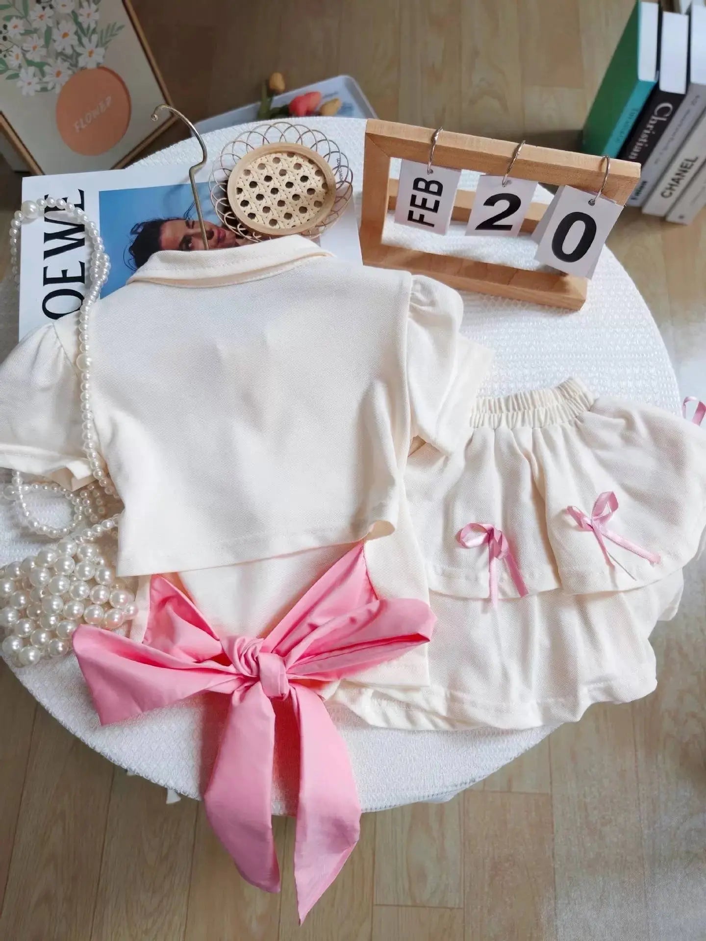 Girls White T-Shirt With Back Bow And Skirt  2 Pcs Set