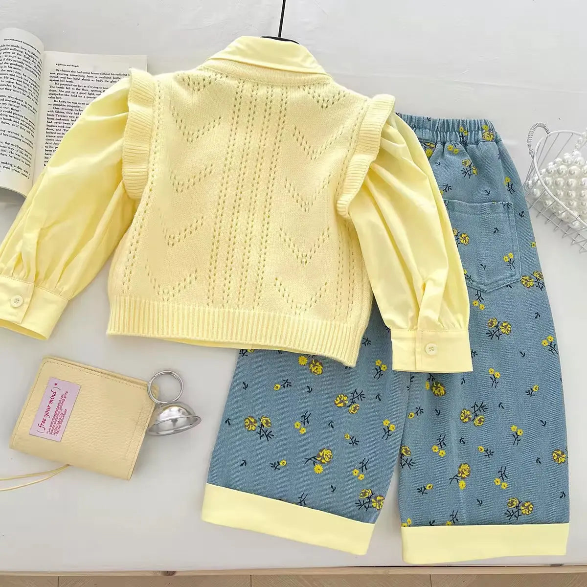 Girls Yellow Ruffle Top, knit Sweater And Printed Denim Pants.