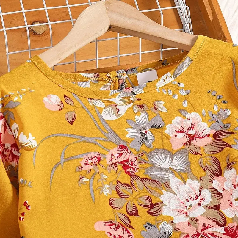 Girls Yellow Floral Printed Top And Pants 2 Pcs Set