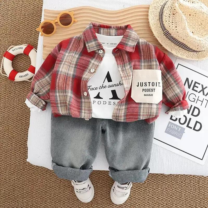 Boys Red Plaid Shirt With T-shirt And Jeans 3 Pc Set