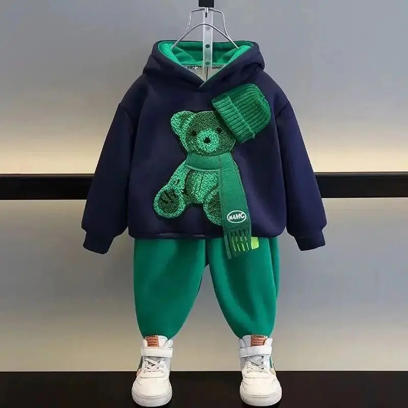 Boys Bear Motif Hoodie Sweatshirt And Joggers 2 Pcs Set