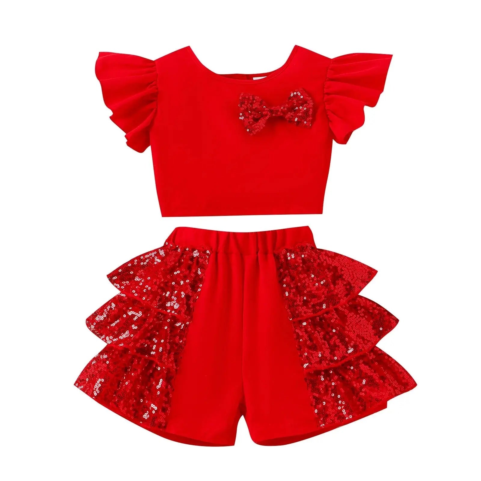 Girls Red Party Wear Top and Sequins Skirt Set