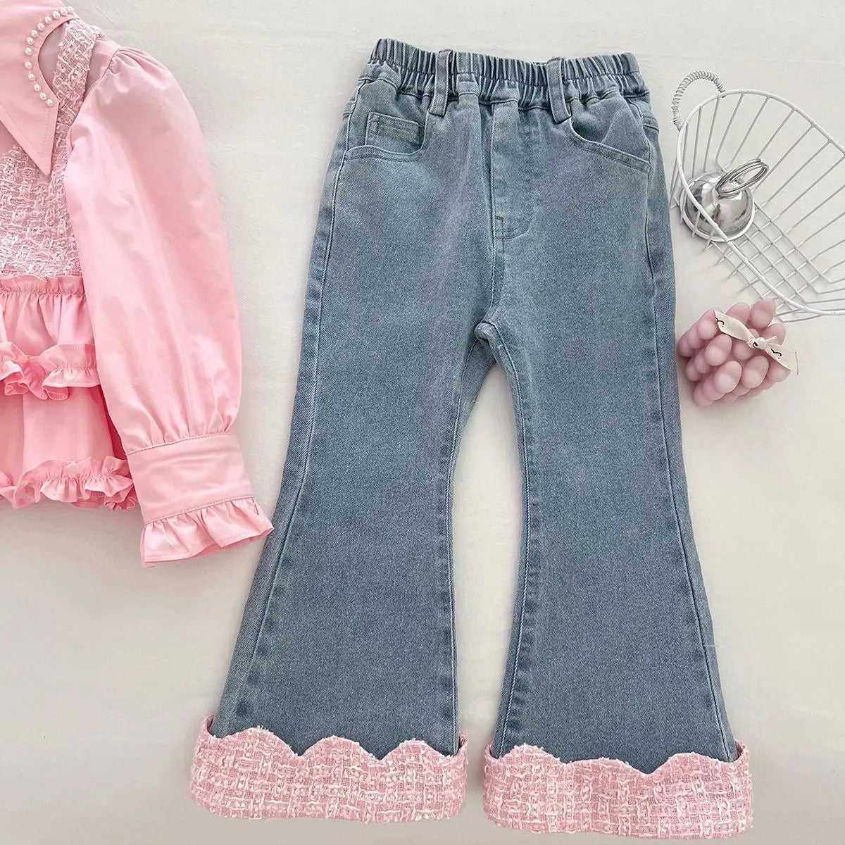 Girls Pink Ruffle Shirt And Denim Set