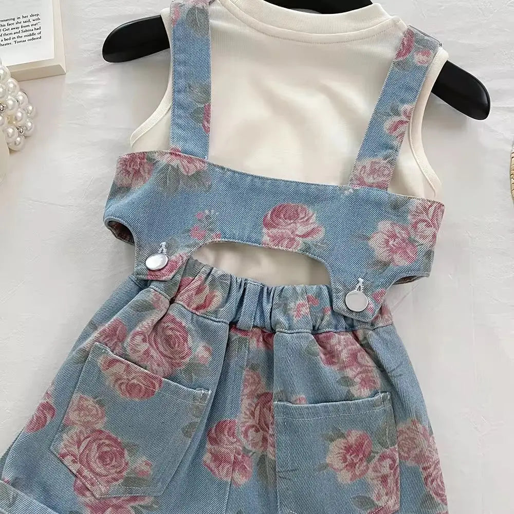 Girls Floral Print Denim Dungaree Set