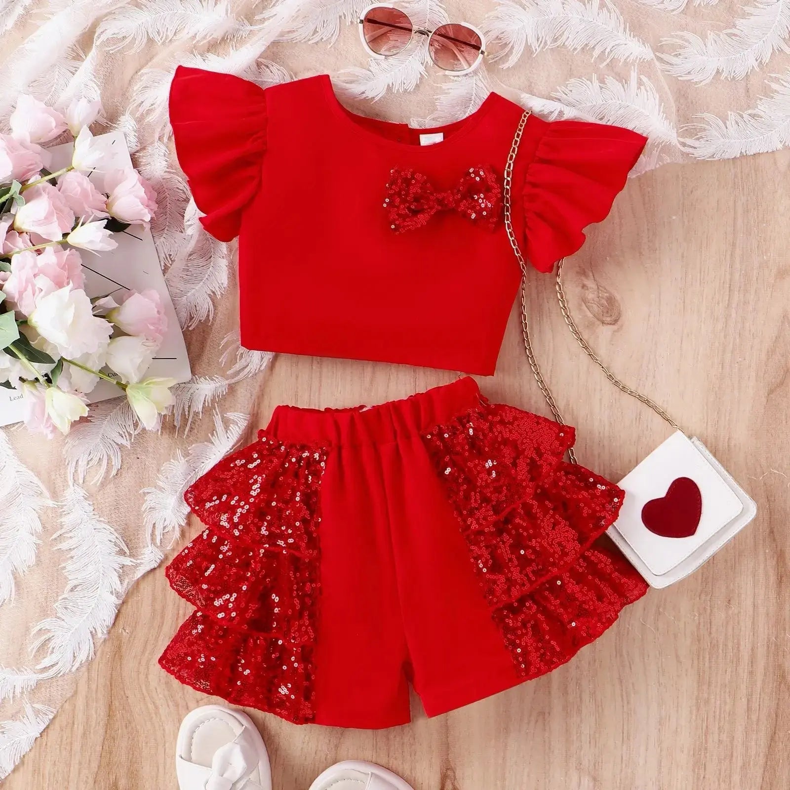 Girls Red Party Wear Top and Sequins Skirt Set