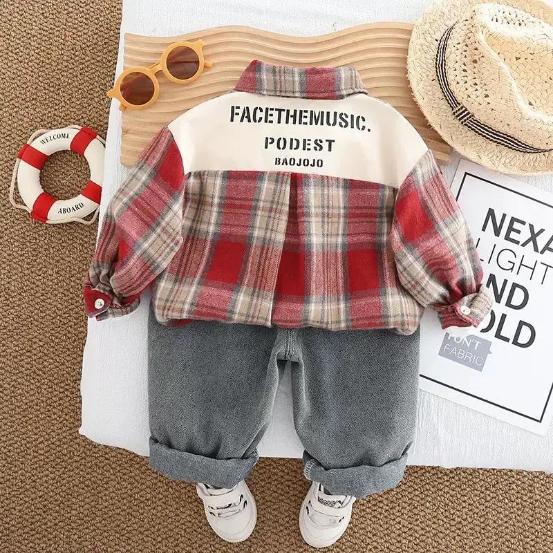 Boys Red Plaid Shirt With T-shirt And Jeans 3 Pc Set
