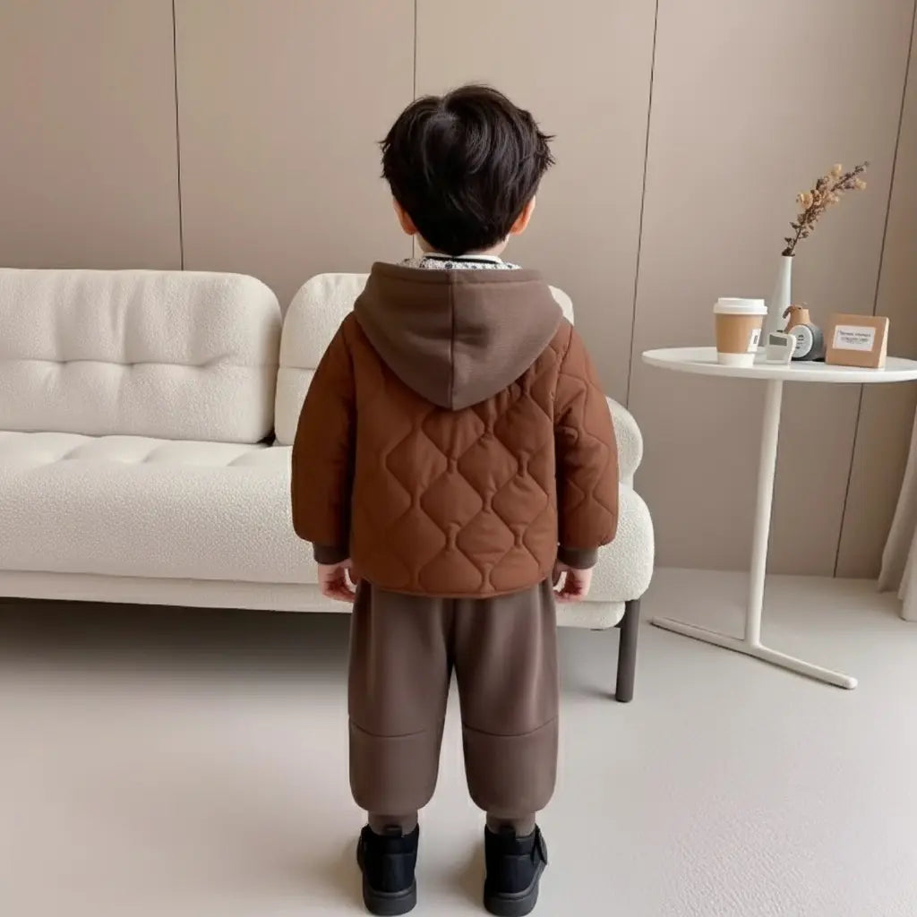 Boys Quilted Brown Jacket With Sweatshirt & Jogger Set