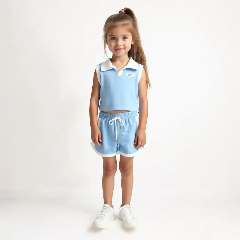 Girls Light Blue Polo Top And Shorts 2 Pcs Set