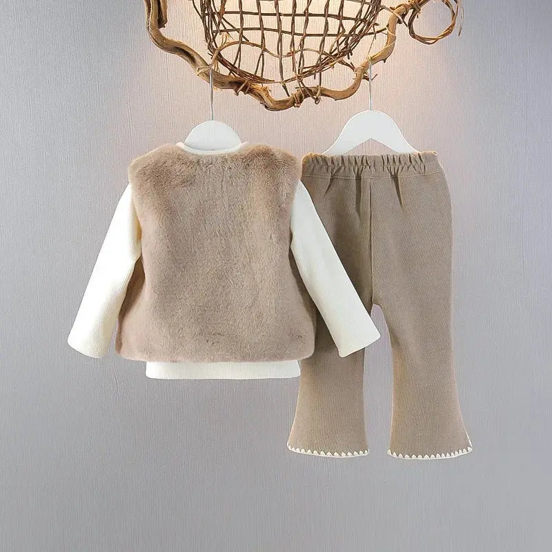 Girls Faux Fur Bow Jacket White Knit Top And Embellished Pants