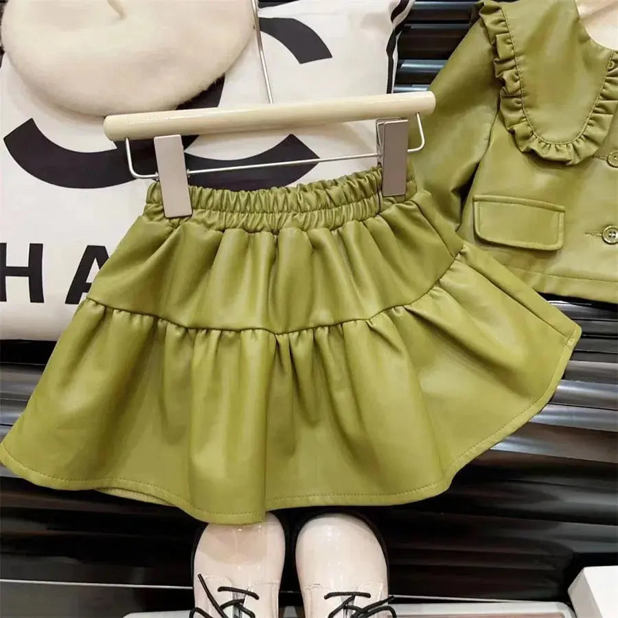 Girls PU Jacket And Skirt 2Pcs Set