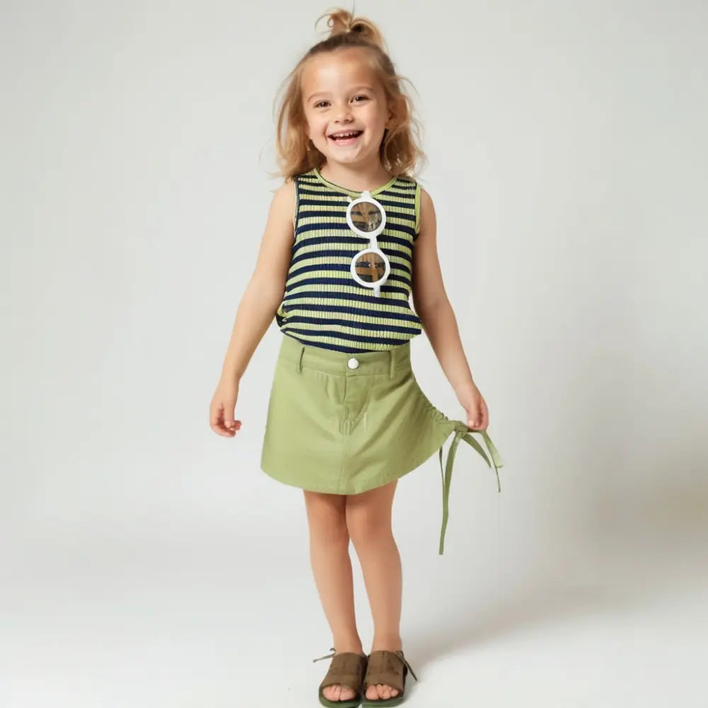 Girls Green Striped Top And Shorts 2 Pcs Set