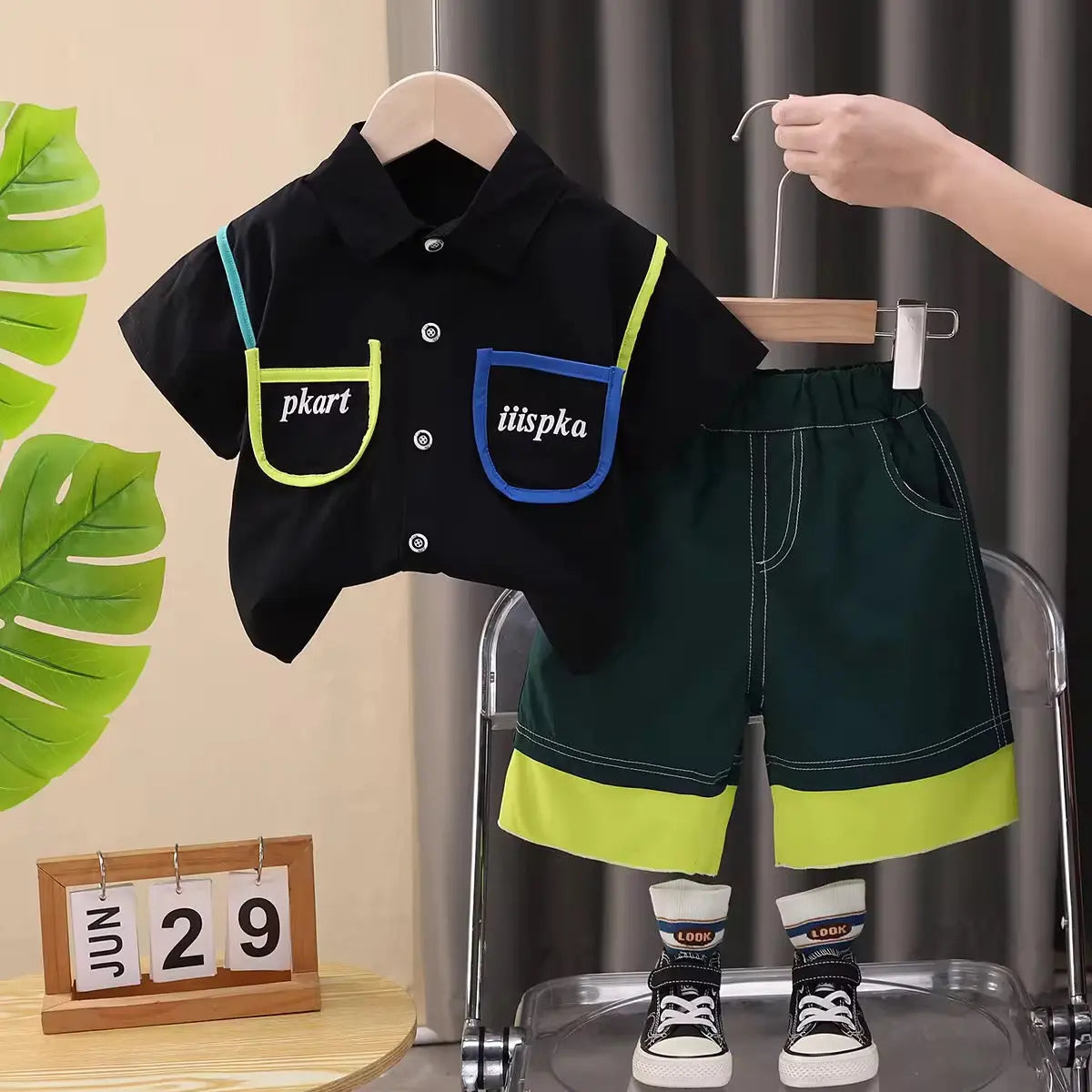 Boys Black Shirt And Green Shorts Set