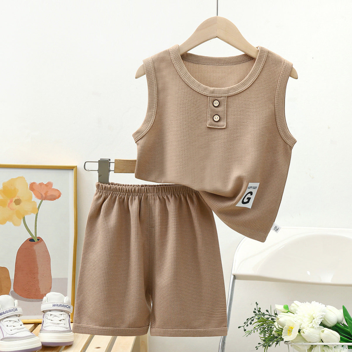 Beige Sleeveless Boys Clothing Set
