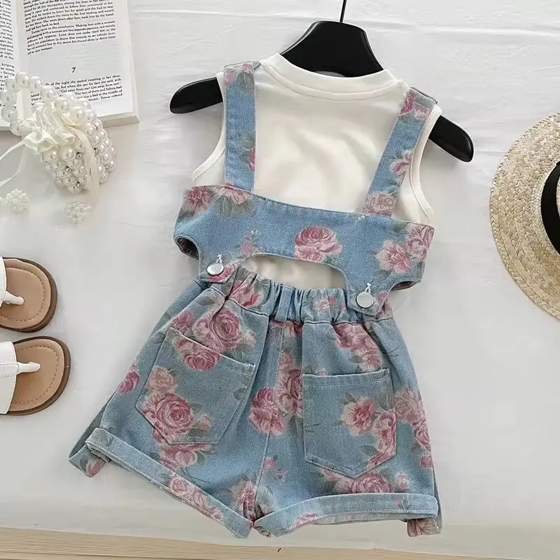 Girls Floral Print Denim Dungaree Set