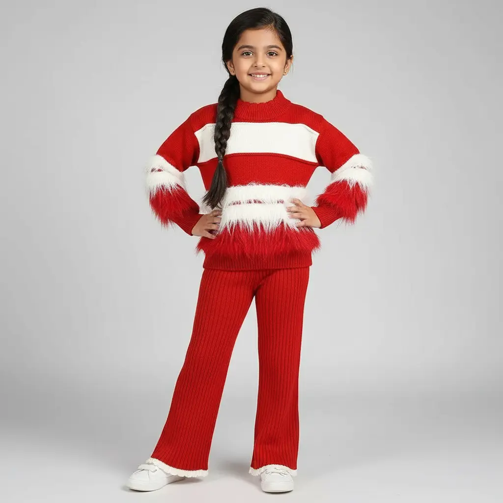 Girls Red & White Knitted Top And Pants 2 Pcs Set